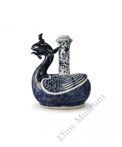 1417  A Blue-White  phoenix-head B&W kendi